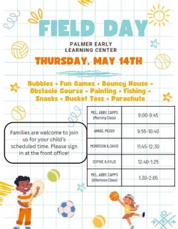 Palmer Field Day - Bubbles, Games, Bouncy House, Obstacle Course, Painting, Fishing, Snacks, Parachute, Bucket Toss